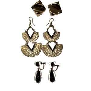 Lot of 3 Gold Tone & Black Statement Earrings Geometric Dangle Clip & Screw Back
